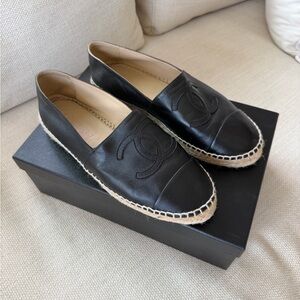 CHANEL Black Leather Espadrilles with Stitched CC